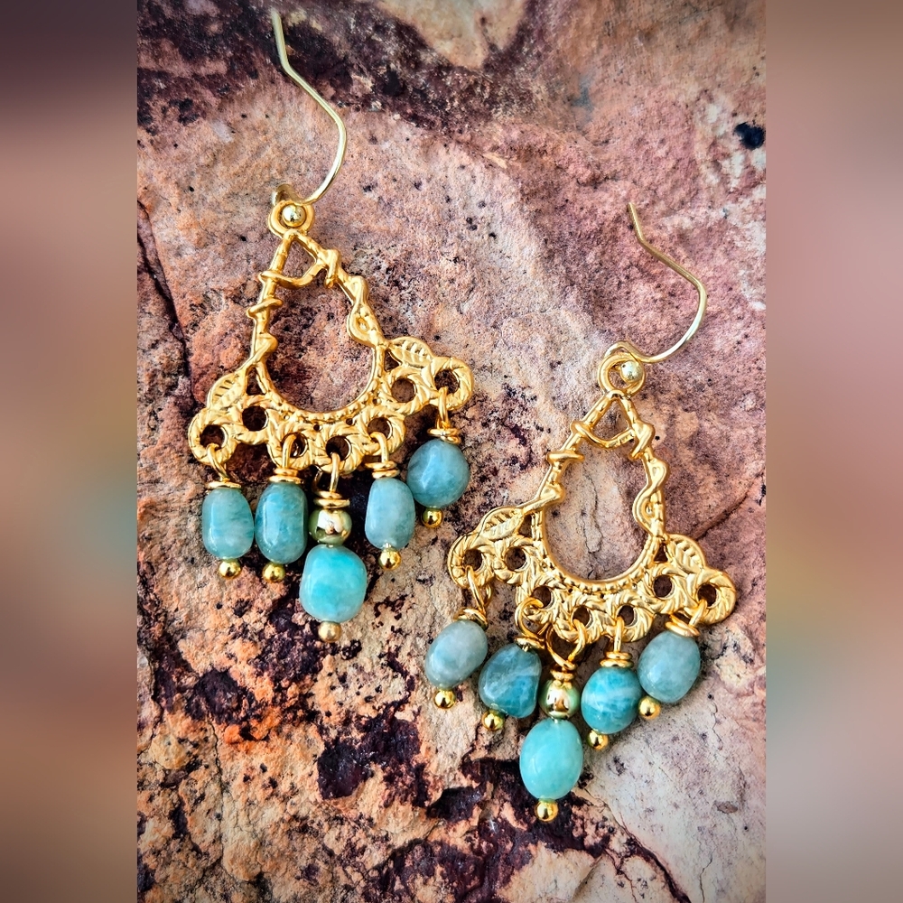 Amazon's Stone Of Hope  Amazonite In Mystical Filligree Gold Plated Earrings